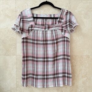 St. John’s Bay Pink Plaid Square Neck Blouse Ruffle Sleeves Lace Trim Small EUC